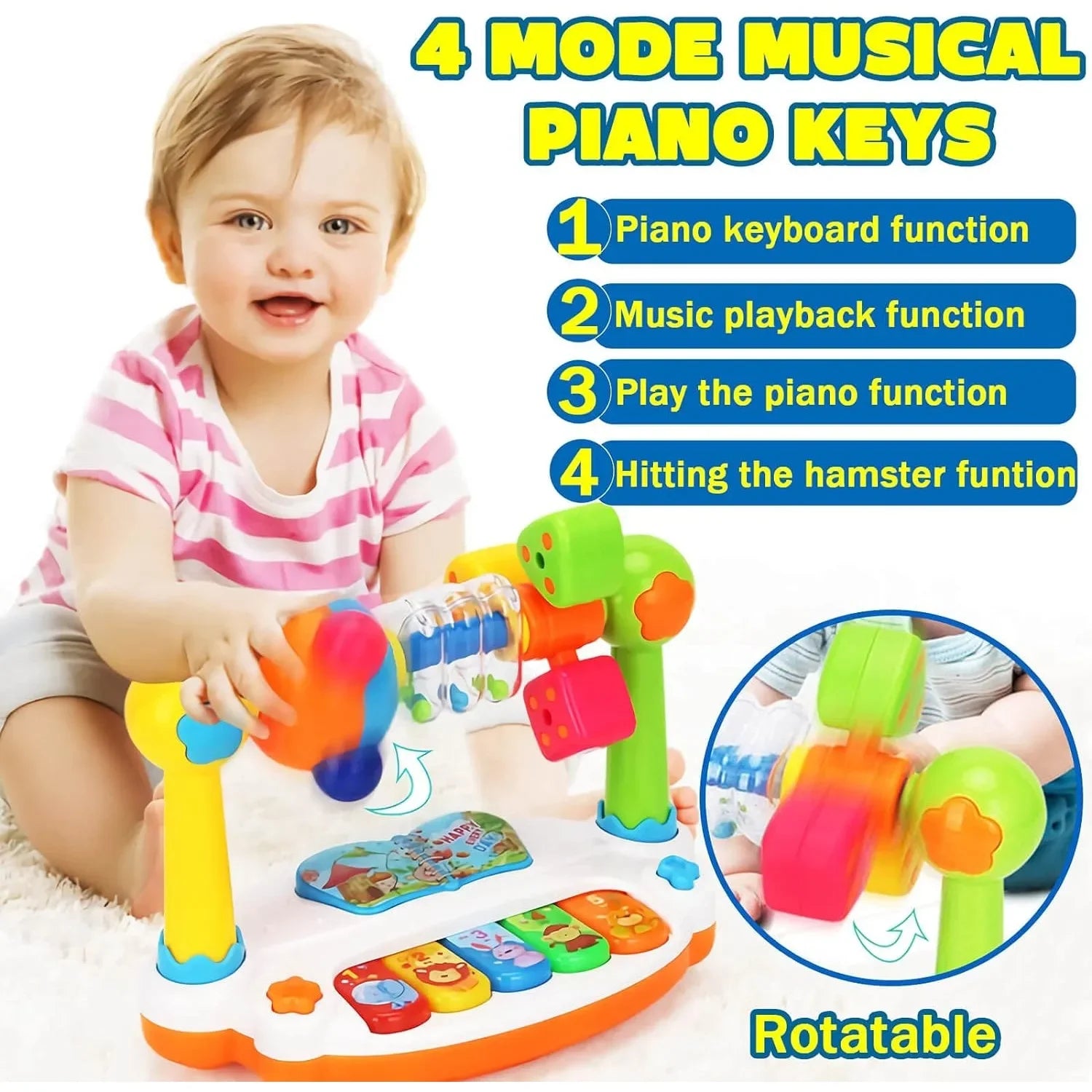 Baby Musical Piano Toy with Lights & Sounds | Rotating Keyboard Early Learning Toy for Toddlers