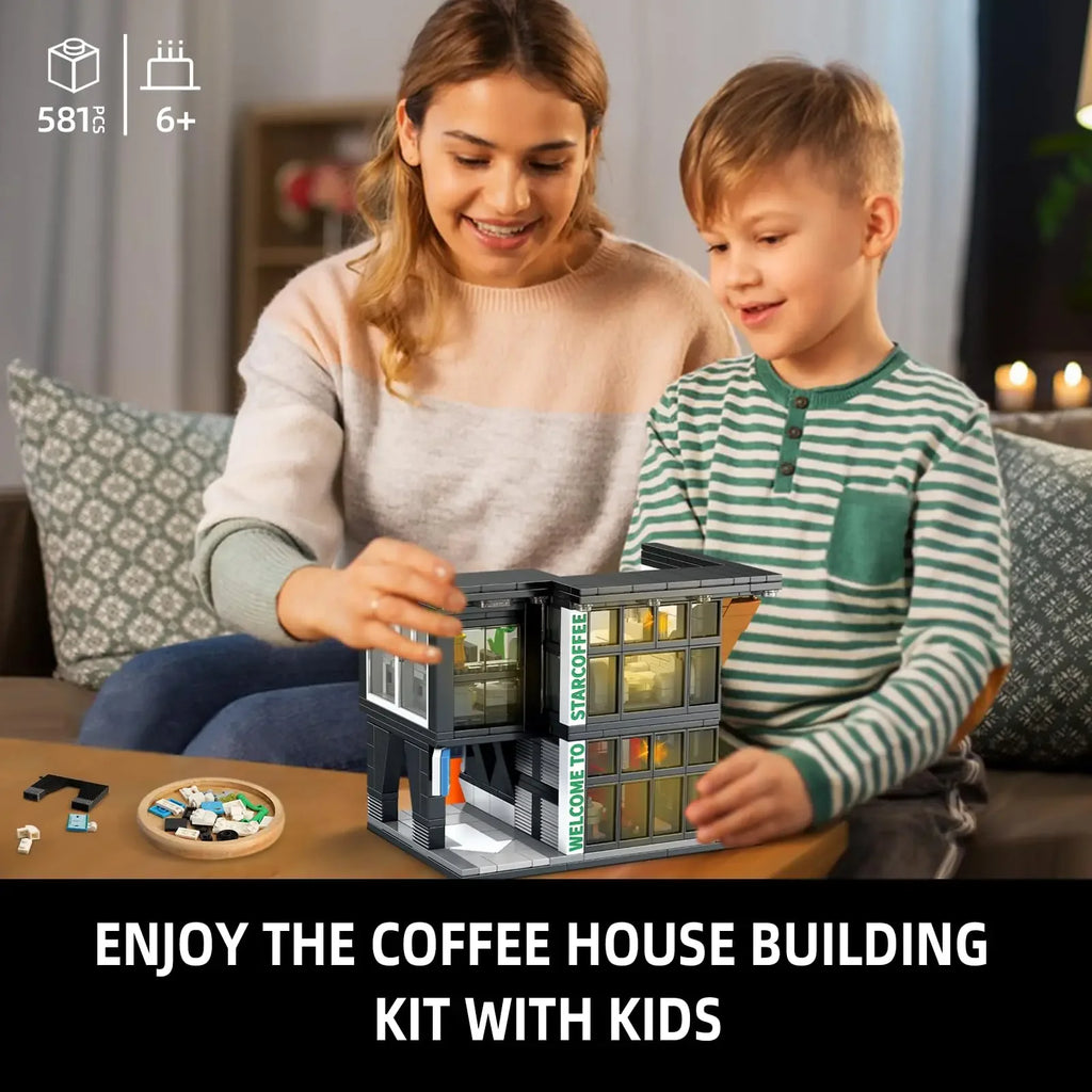 Coffee Shop City Building Blocks Set with Lights – Street View Construction Toy