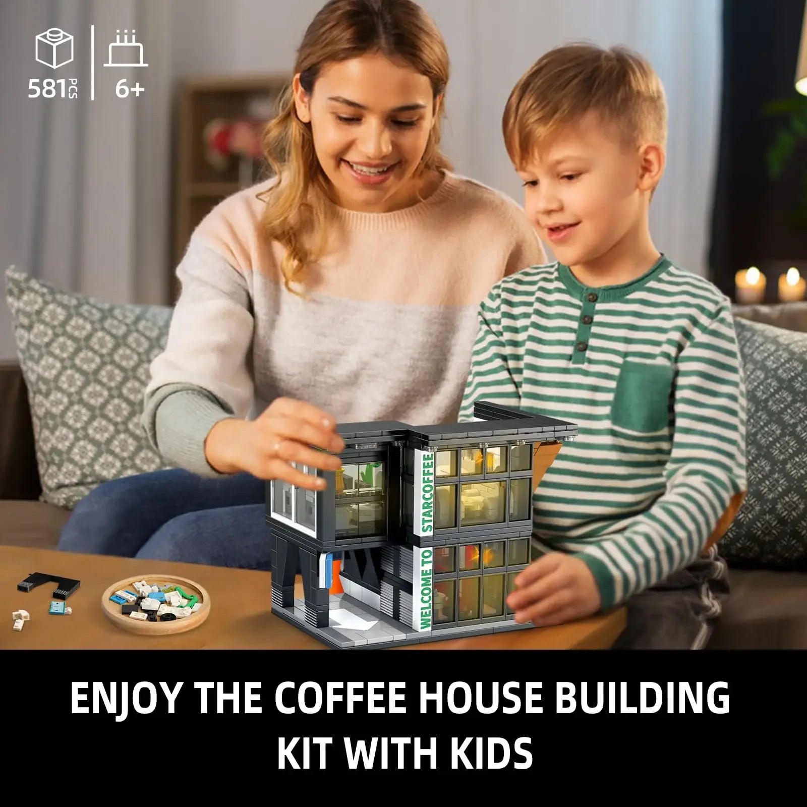 Coffee Shop City Building Blocks Set with Lights – Street View Construction Toy
