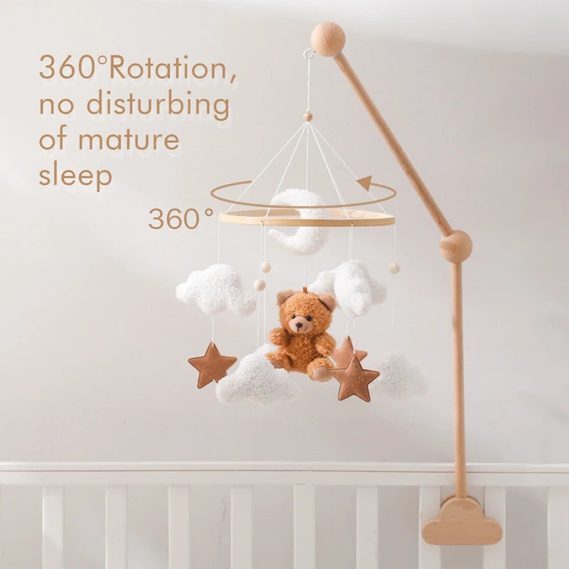 Premium Wooden Baby Crib Mobile with Felt Bear – Music Box Bed Bell, Nursery Hanging Mobile & Bracket for Newborns