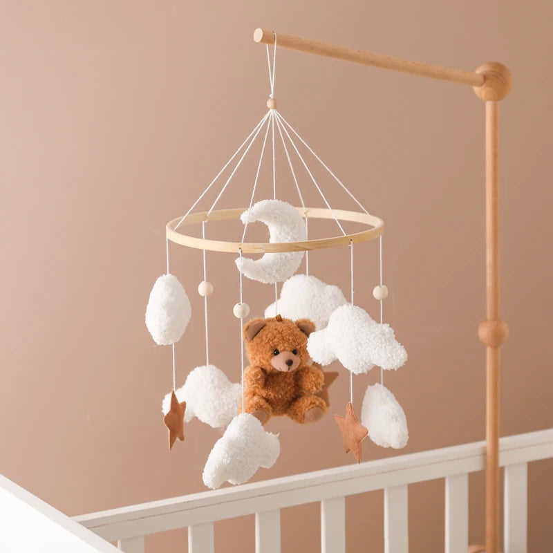 Premium Wooden Baby Crib Mobile with Felt Bear – Music Box Bed Bell, Nursery Hanging Mobile & Bracket for Newborns