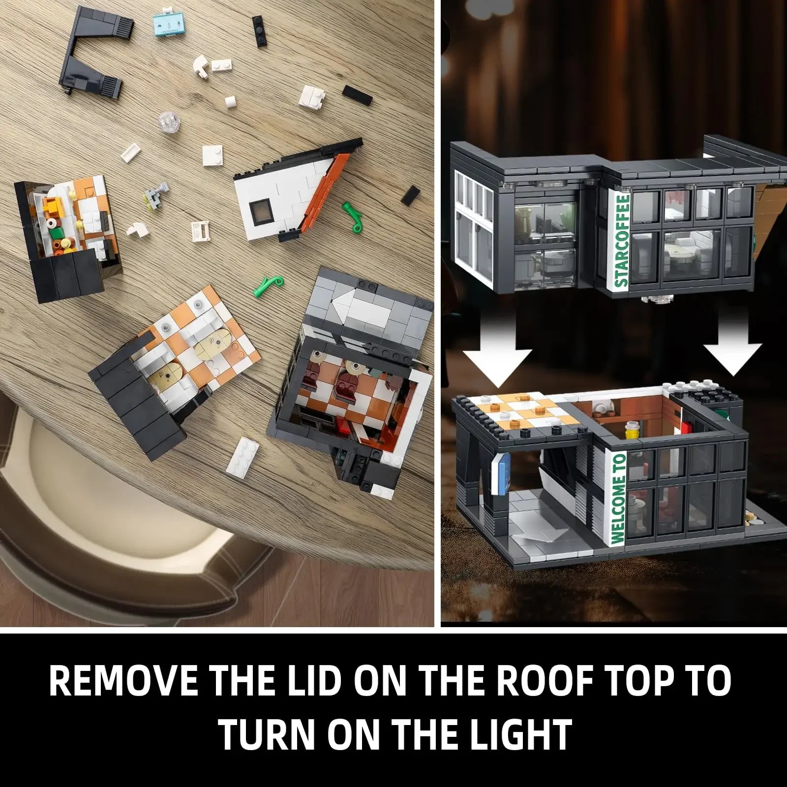 Coffee Shop City Building Blocks Set with Lights – Street View Construction Toy