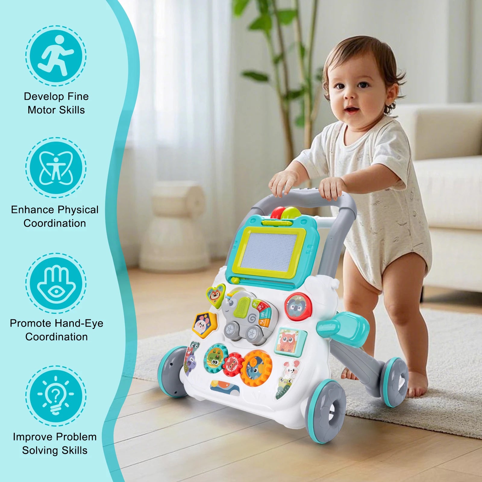 Baby Push Walker with Music & Drawing Board – 2-in-1 Montessori Activity Walker for 6–15 Months