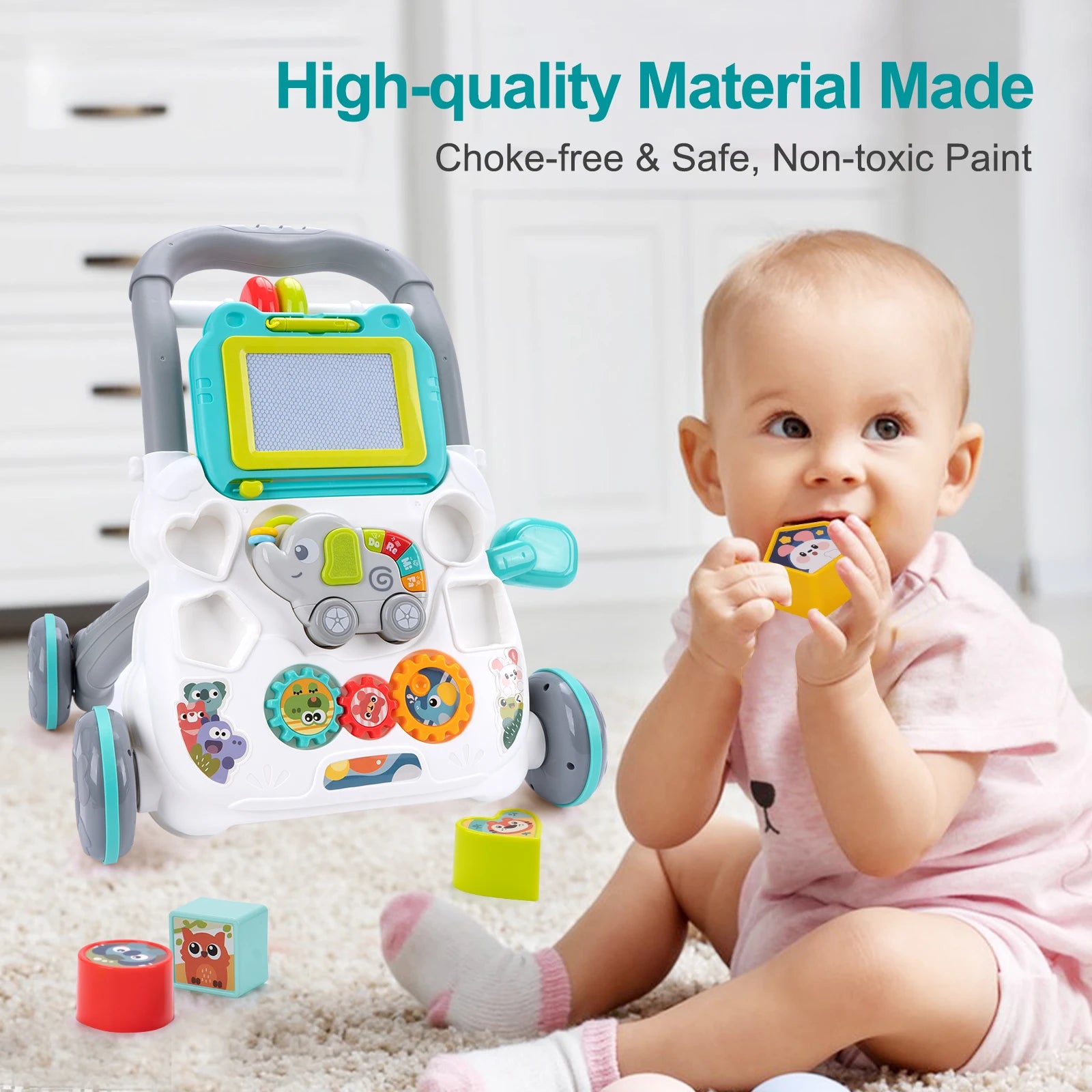 Baby Push Walker with Music & Drawing Board – 2-in-1 Montessori Activity Walker for 6–15 Months