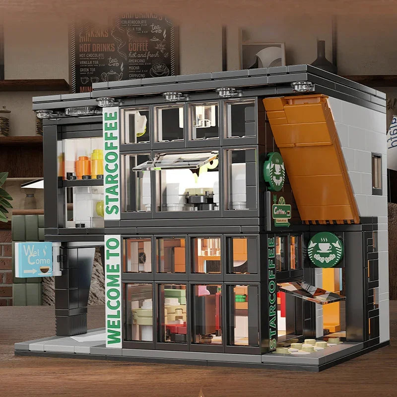 Coffee Shop City Building Blocks Set with Lights – Street View Construction Toy