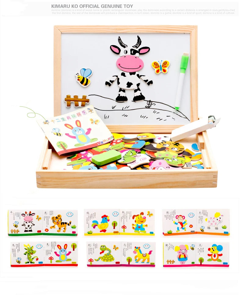 Wooden Magnetic Animal Puzzle & Drawing Board – Multifunction Learning Toy for Kids