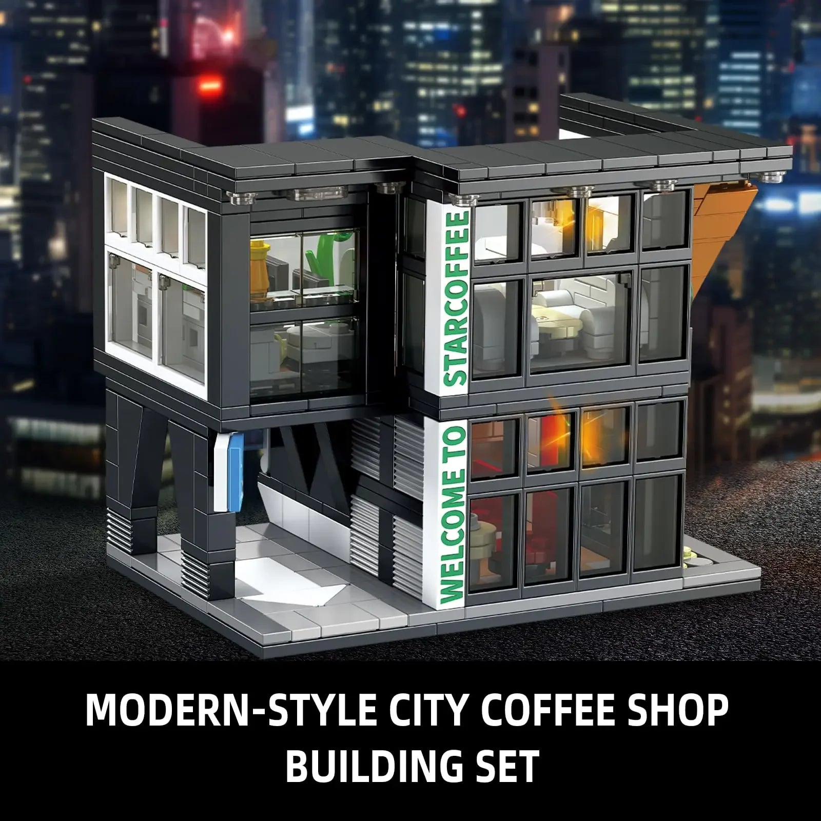 Coffee Shop City Building Blocks Set with Lights – Street View Construction Toy
