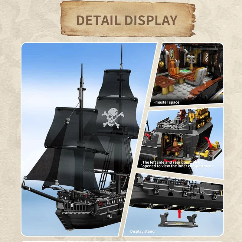 Black Pirate Ship Building Blocks – Skeleton Ghost Boat Model Set