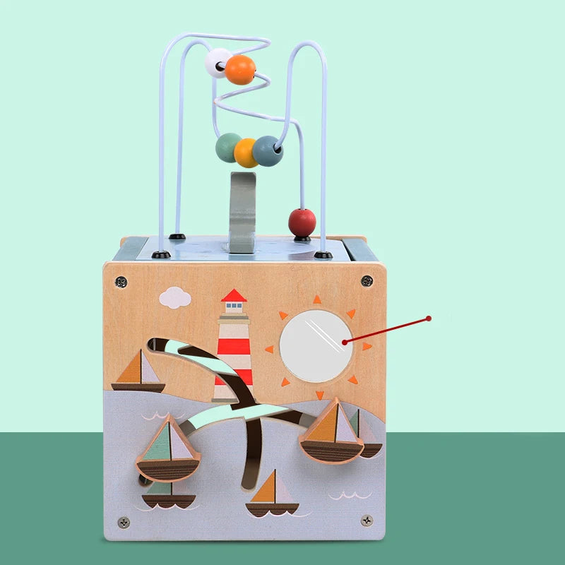 Wooden 5-in-1 Activity Cube – Montessori Shape Sorter & Bead Maze for Toddlers