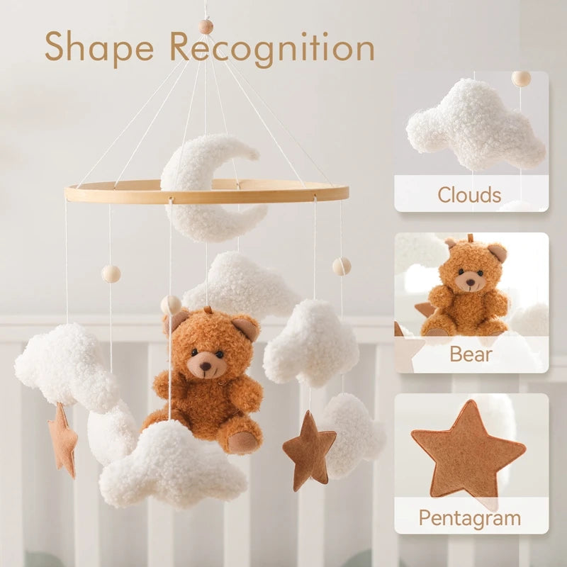 Premium Wooden Baby Crib Mobile with Felt Bear – Music Box Bed Bell, Nursery Hanging Mobile & Bracket for Newborns