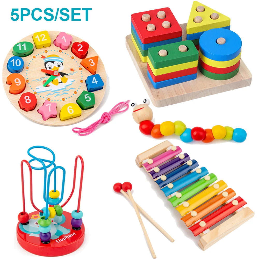 Montessori Wooden Educational Toys Set (5–6 Pcs) – Baby Development & Learning Puzzles