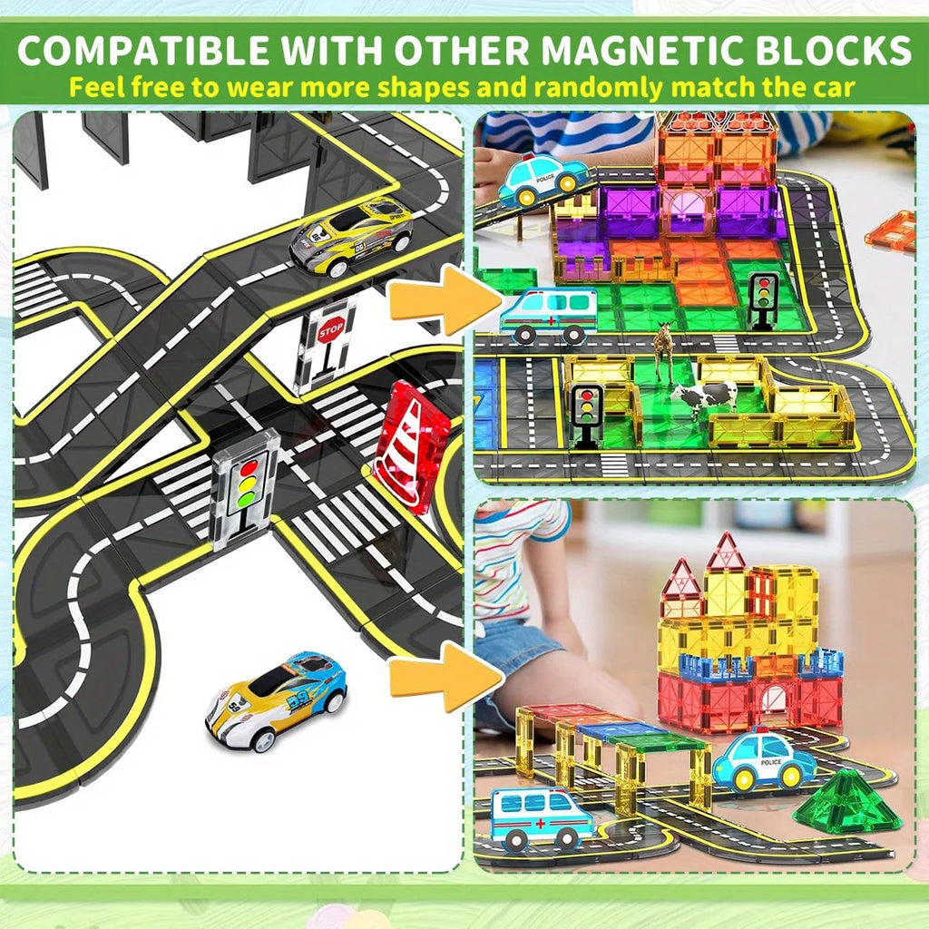 Magnetic Crane Car & Road Building Set – Educational Construction Toy for Kids