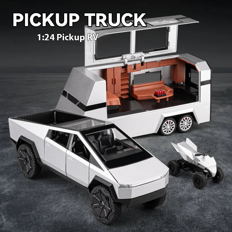 Cybertruck Alloy Diecast Pickup with Trailer RV – Off-Road Model Toy