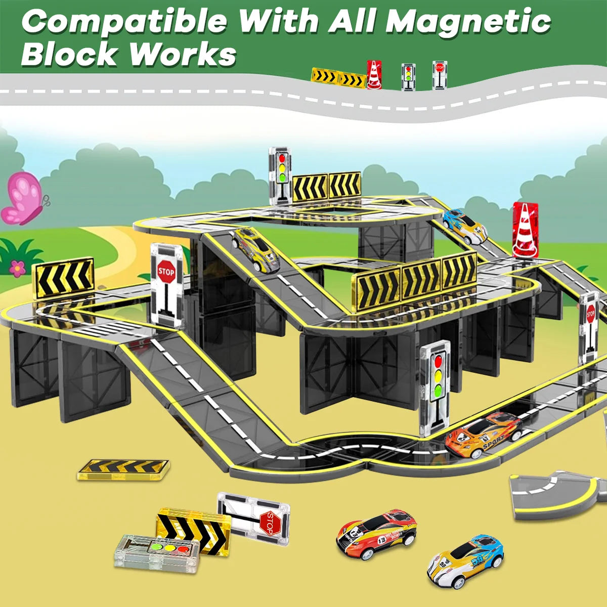 Magnetic Crane Car & Road Building Set – Educational Construction Toy for Kids