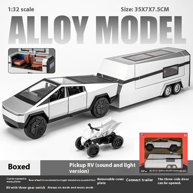 Cybertruck Alloy Diecast Pickup with Trailer RV – Off-Road Model Toy