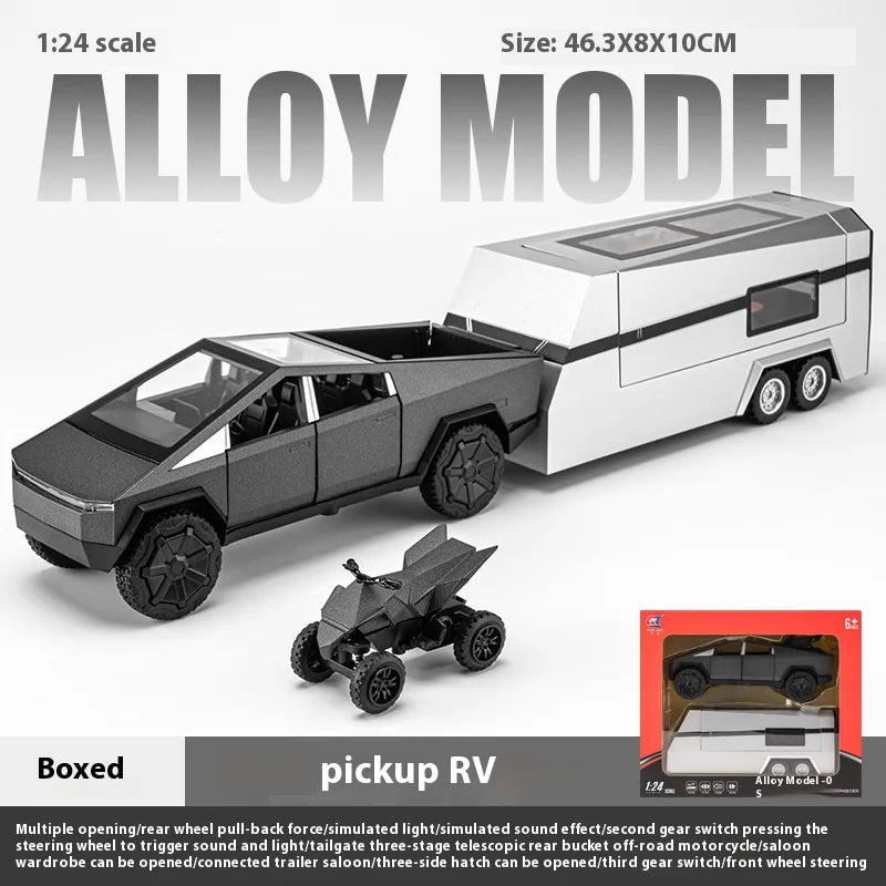 Cybertruck Alloy Diecast Pickup with Trailer RV – Off-Road Model Toy