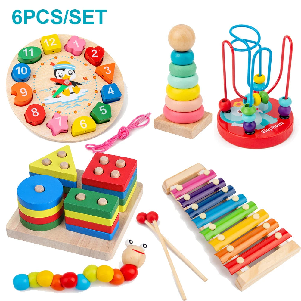 Montessori Wooden Educational Toys Set (5–6 Pcs) – Baby Development & Learning Puzzles
