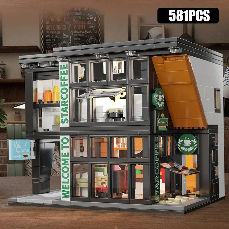 Coffee Shop City Building Blocks Set with Lights – Street View Construction Toy