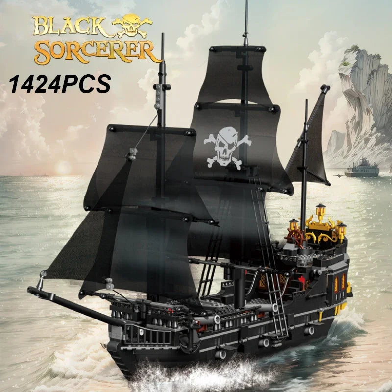 Black Pirate Ship Building Blocks – Skeleton Ghost Boat Model Set