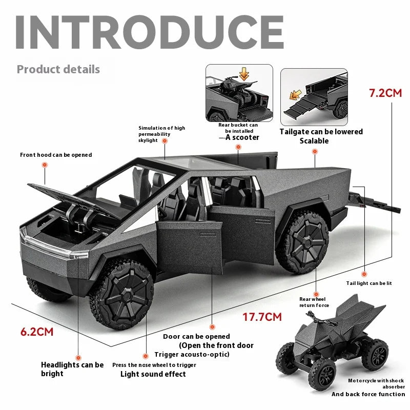 Cybertruck Alloy Diecast Pickup with Trailer RV – Off-Road Model Toy