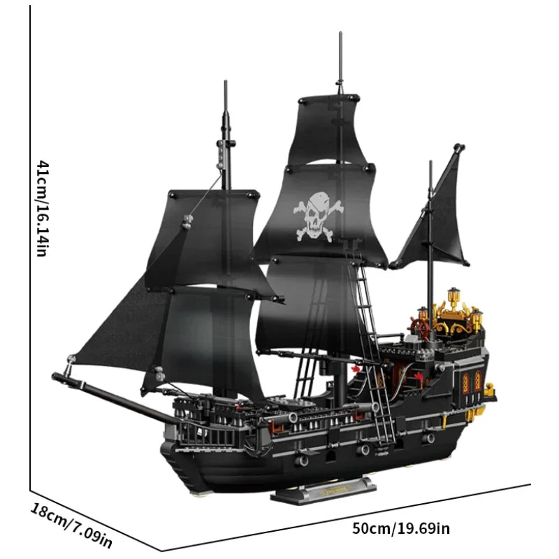 Black Pirate Ship Building Blocks – Skeleton Ghost Boat Model Set