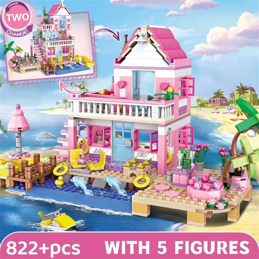 Summer Seaside Villa Building Blocks – City House & Street View DIY Set for Kids