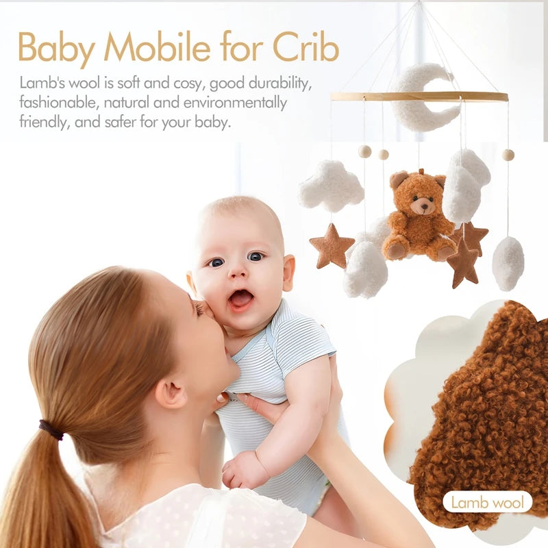 Premium Wooden Baby Crib Mobile with Felt Bear – Music Box Bed Bell, Nursery Hanging Mobile & Bracket for Newborns