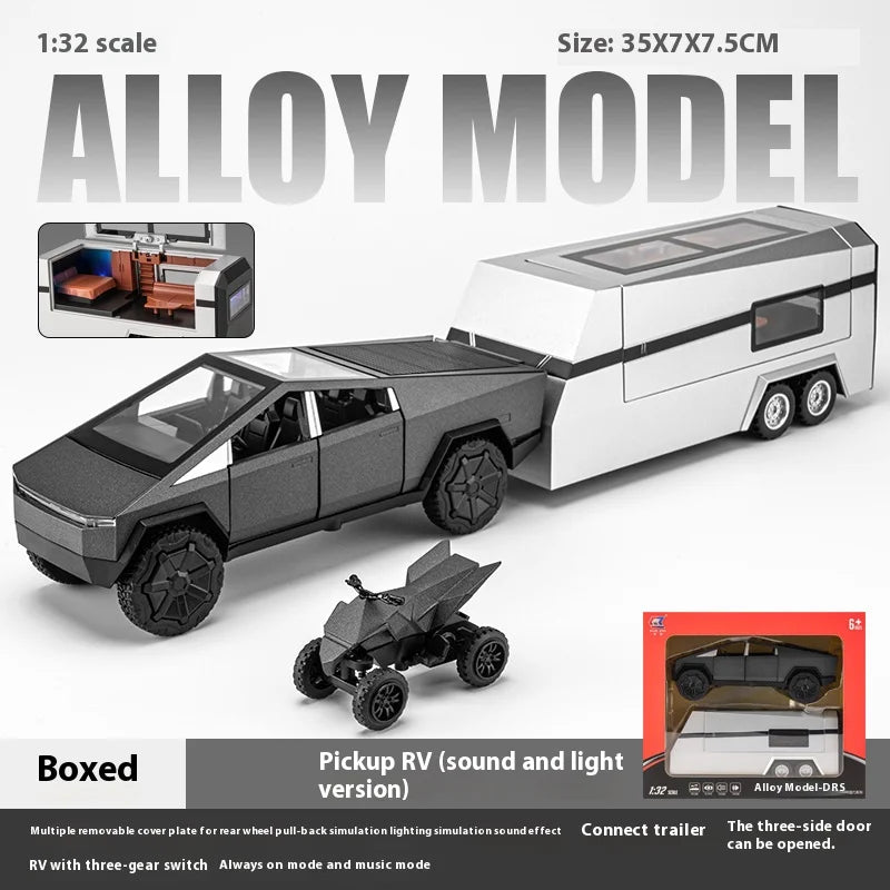 Cybertruck Alloy Diecast Pickup with Trailer RV – Off-Road Model Toy