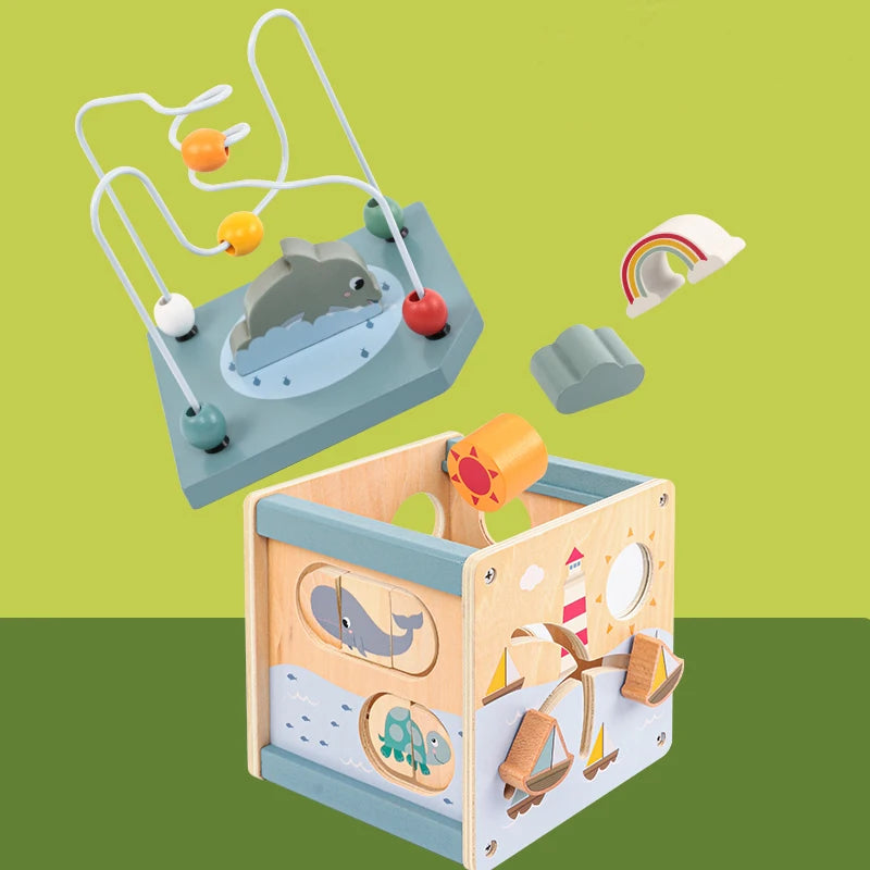 Wooden 5-in-1 Activity Cube – Montessori Shape Sorter & Bead Maze for Toddlers