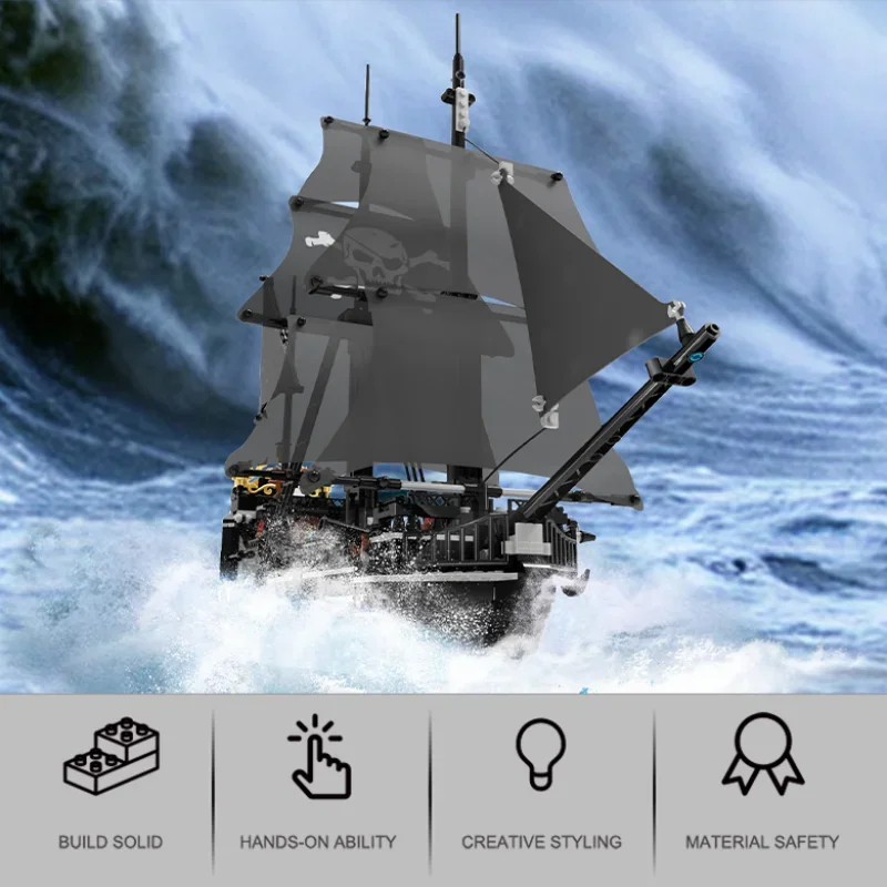 Black Pirate Ship Building Blocks – Skeleton Ghost Boat Model Set